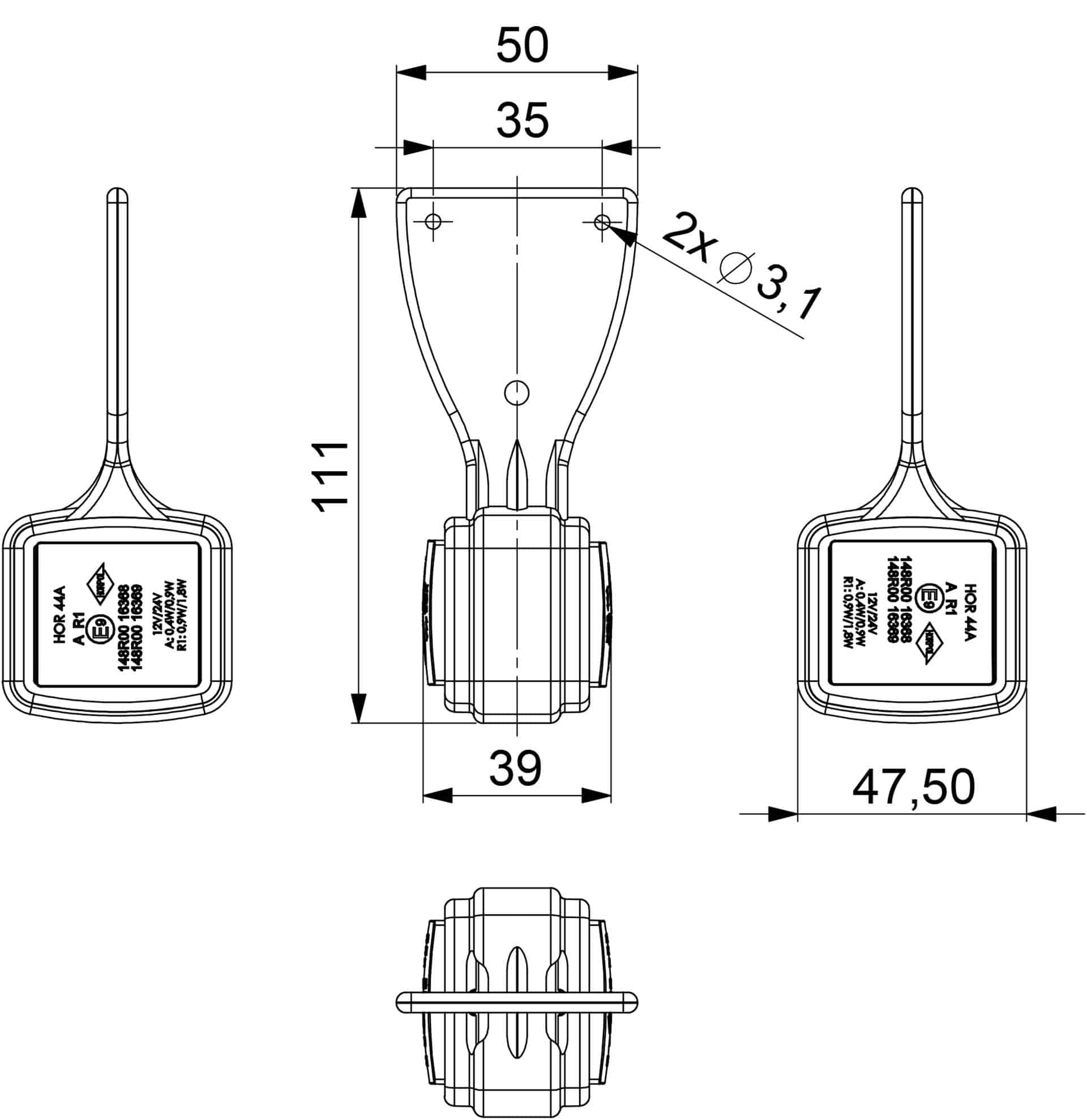 LED breedtelamp rechts rood-wit 12-24v 25cm kabel-MB-4902RW-8