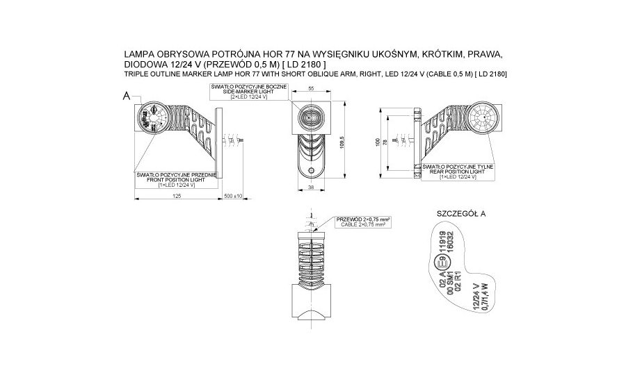LED dark breedtelamp rechts rood-wit-amber 12-24v 50cm kabel-MB-4862DRWA-5