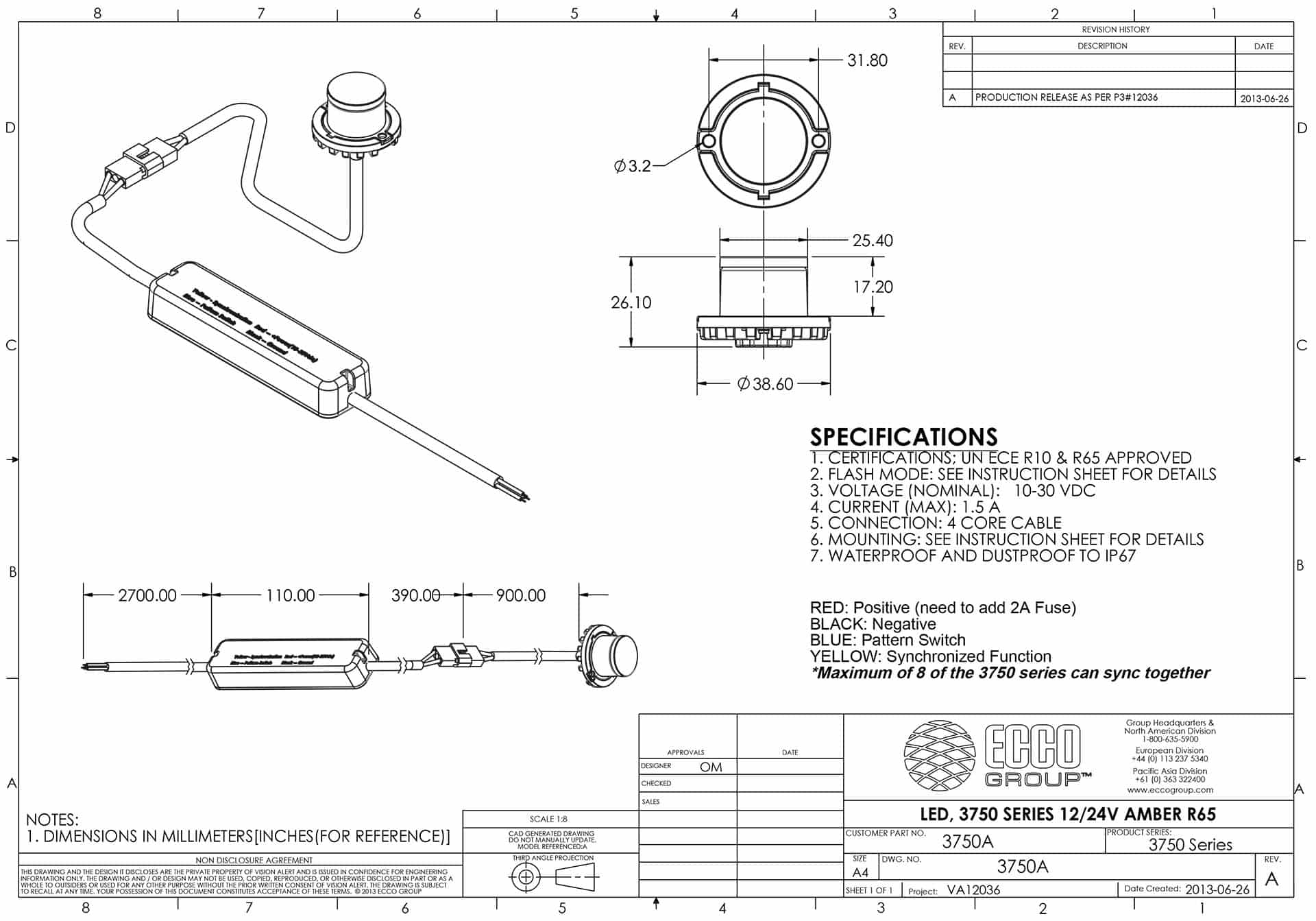 LED flitser | 6-LED | amber| 12-24v | R65 | 3750A-3750A-3