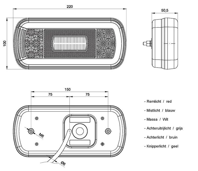 LED achterlicht met kentekenverlichting | 12-36v | 100cm. kabel | V10C6-630-V10C6-630-8