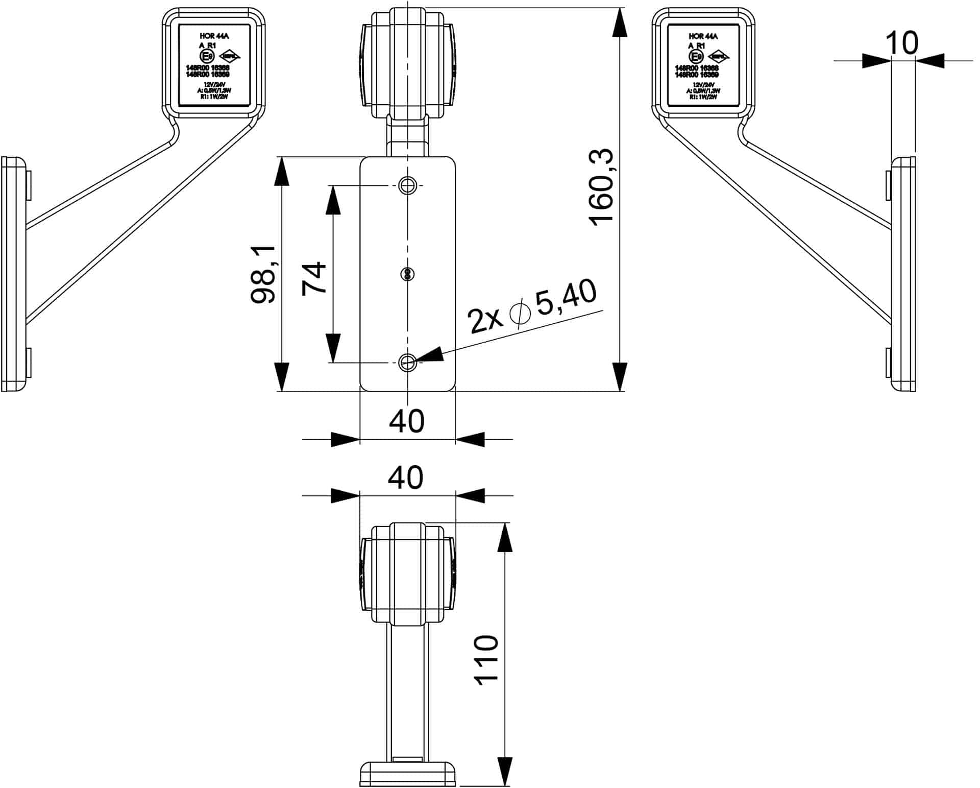 LED breedtelamp links rood-wit 12-24v 50cm kabel-MB-4961RW-8