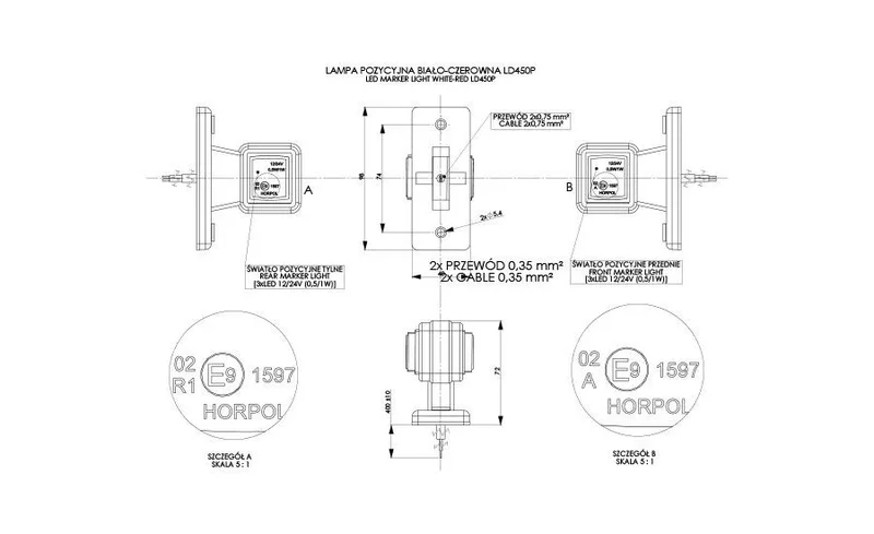 LED breedtelamp rechts rood-wit 12-24v 50cm kabel | MB-4632RW-MB-4632RW-3