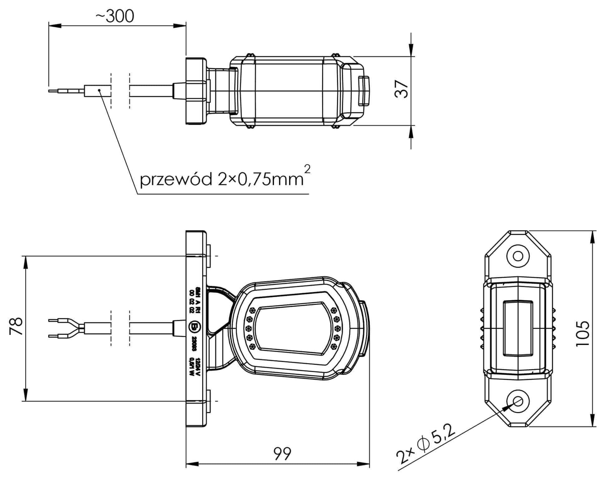 LED breedtelamp rechts rood-wit-amber 12-24v 50cm kabel | MB-2702RWA-MB-2702RWA-8