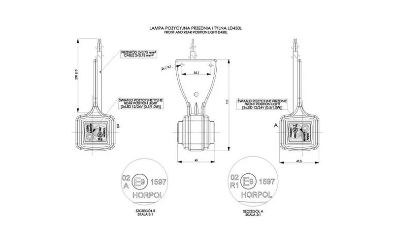 LED breedtelamp rechts rood-wit-amber 12-24v 50cm kabel | MB-4601RW-MB-4601RW-3