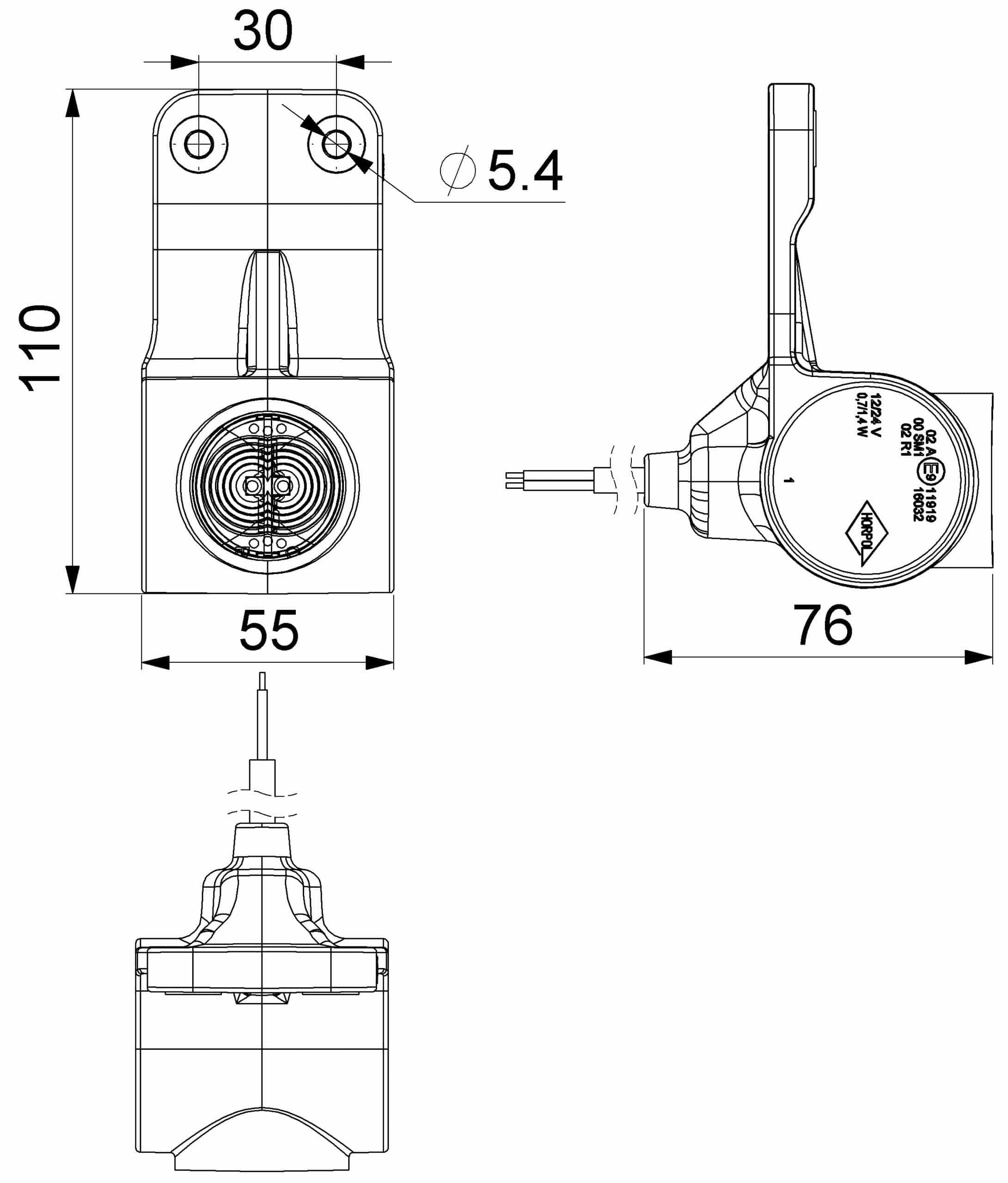 LED dark breedtelamp links rood-wit-amber 12-24v 60cm kabel-MB-4852DRWA-3