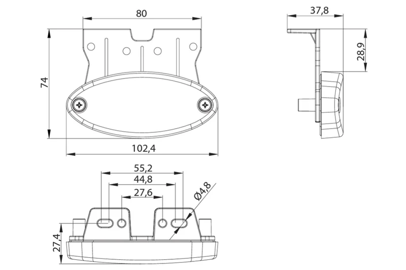 LED markeringslicht ovaal wit met steun | 12-24v | 1