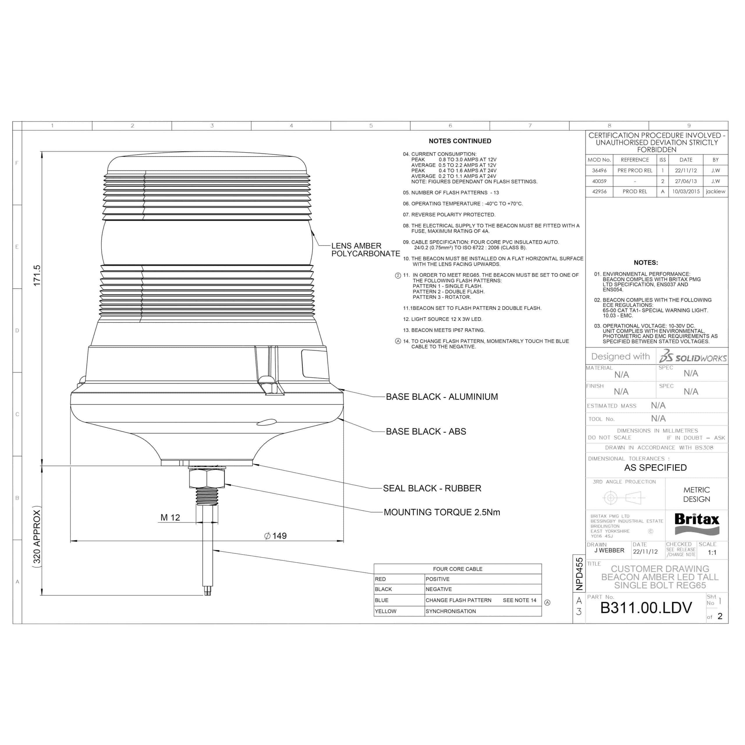 LED zwaailamp | R65 | amber | 12-24v | 1-bouts | B311-serie | B311.00.LDV-B311.00.LDV-3