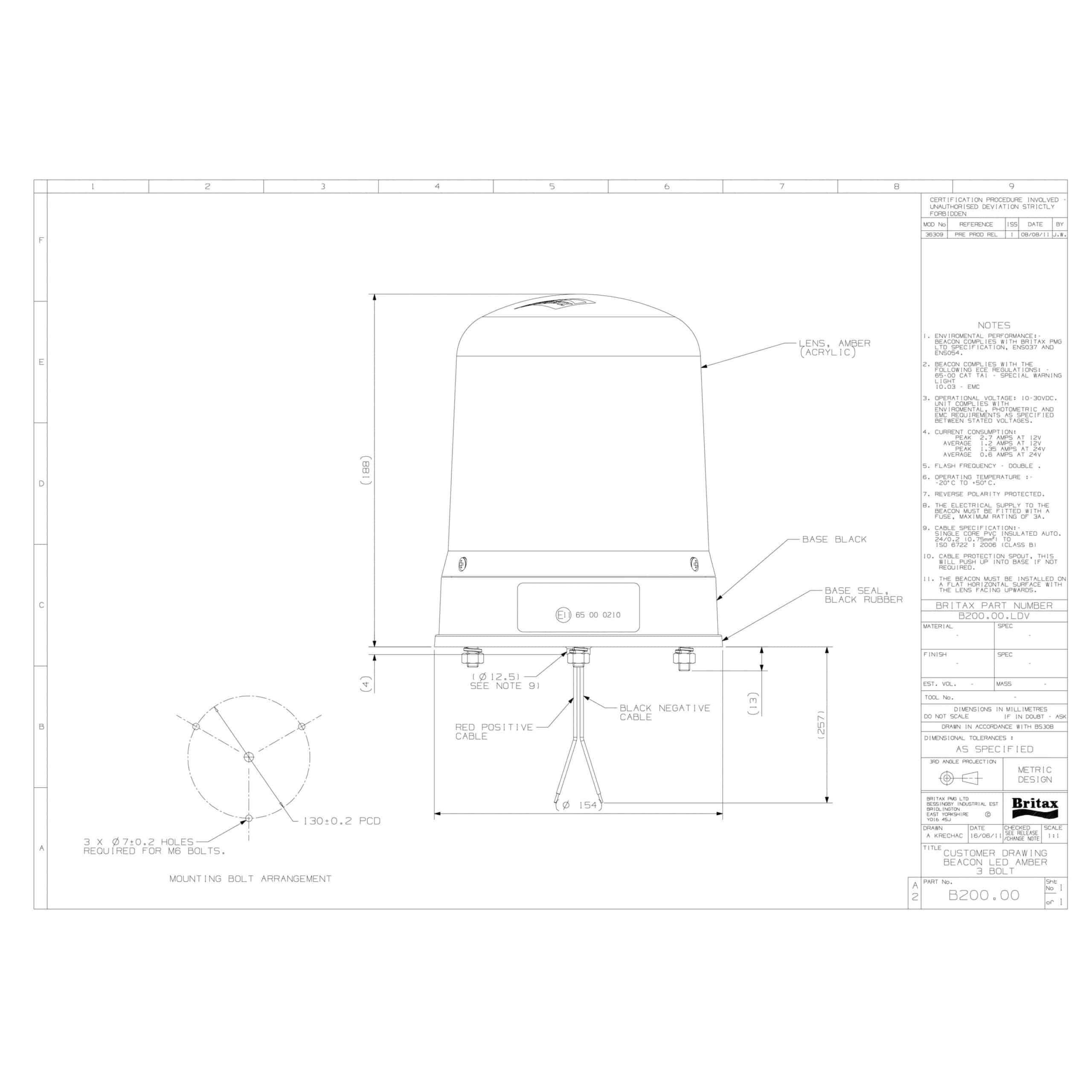 LED zwaailamp amber | 12-24v | 1 bouts | B200 serie | R65 | B200.00.LDV-B200.00.LDV-3