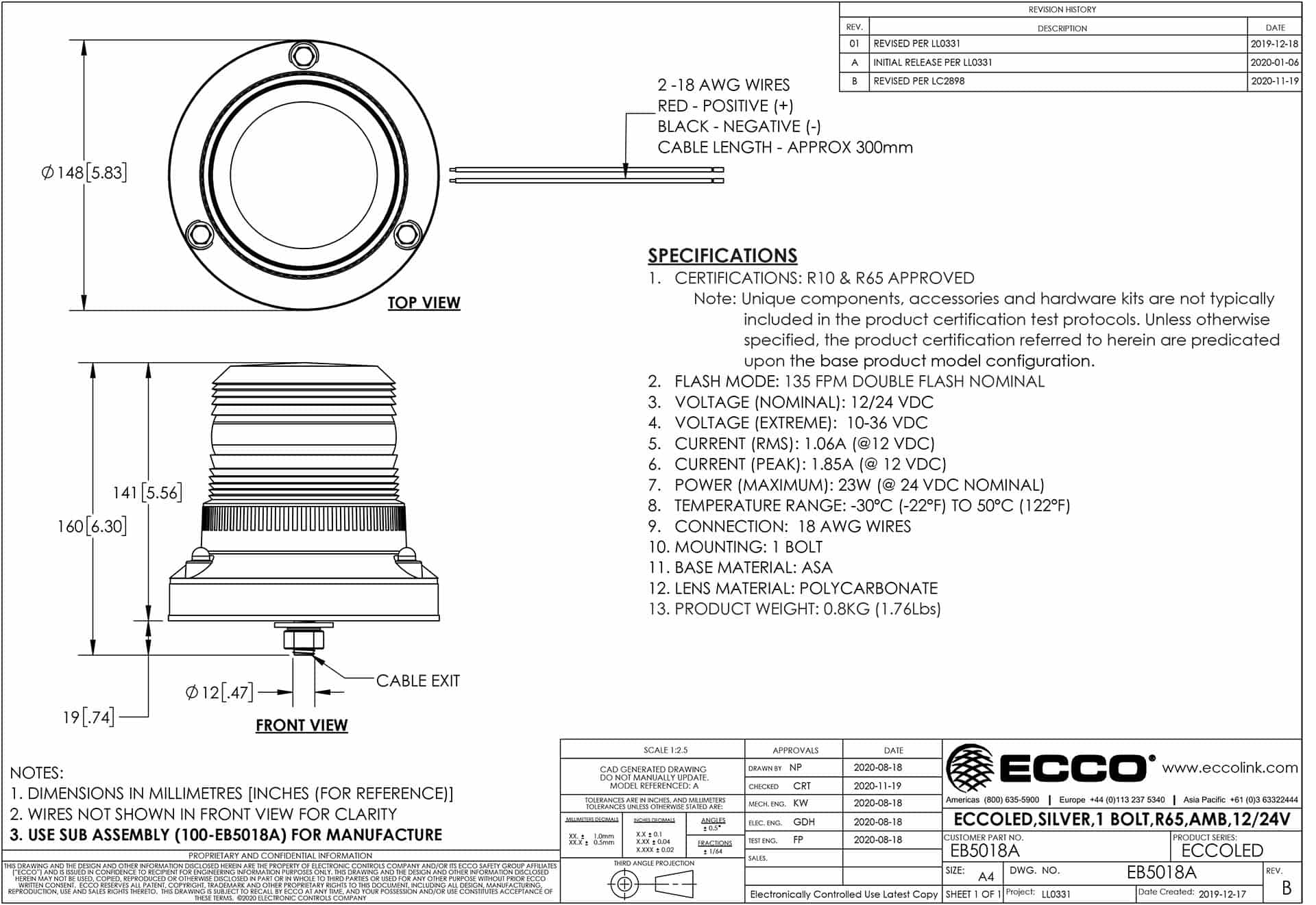 LED zwaailamp amber | 12-24v | 1-bouts montage ECCOLED | R65 | EB5018A-EB5018A-3