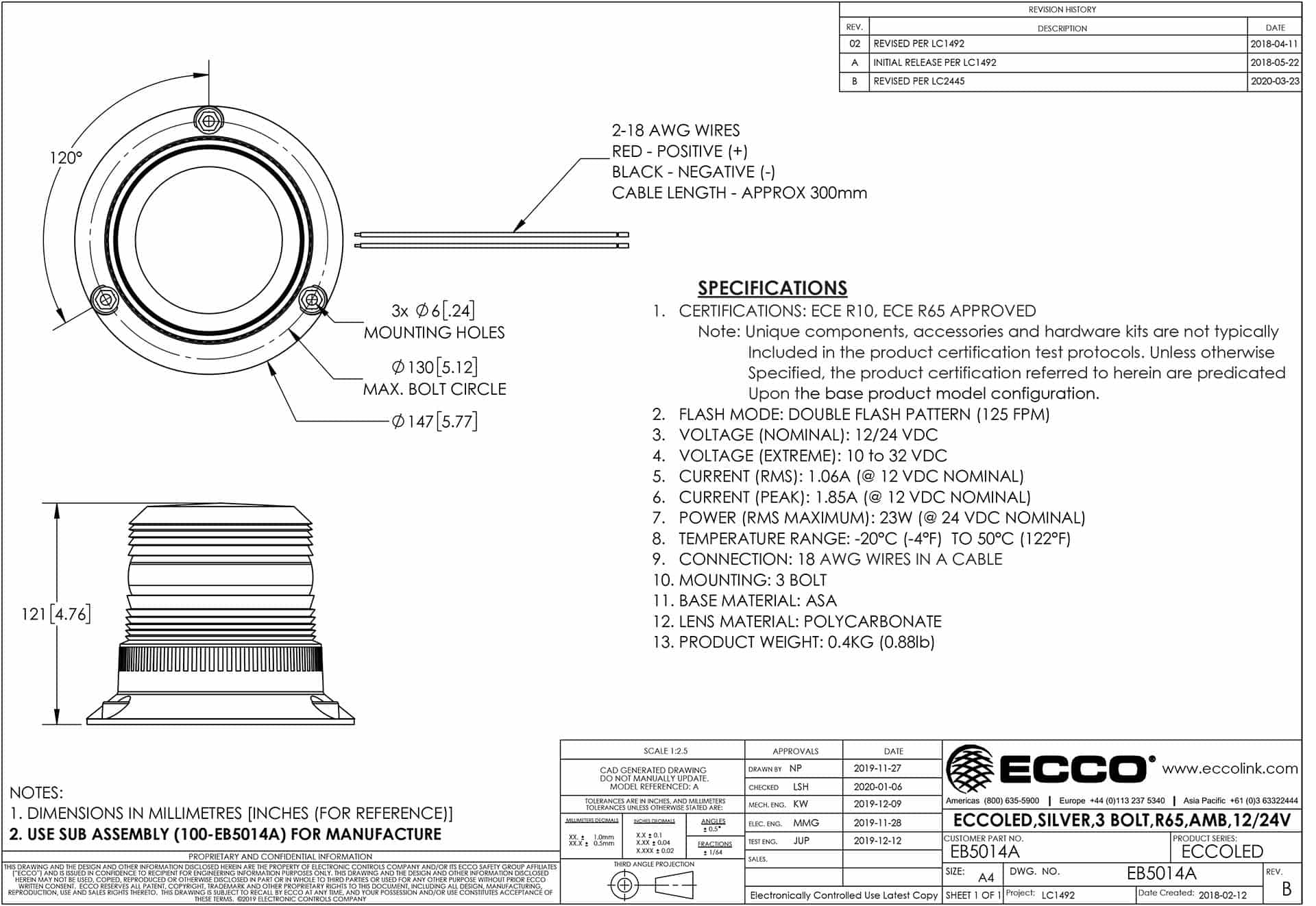 LED zwaailamp amber | 12-24v | 3-bouts montage ECCOLED | R65 | EB5014A-EB5014A-3