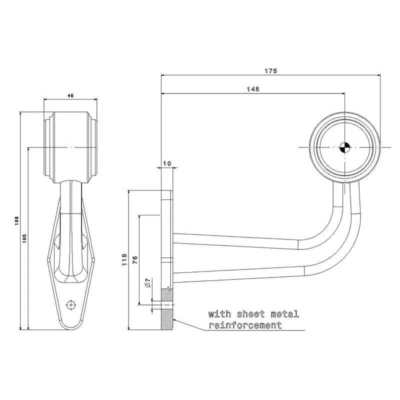 Rechts | LED breedtelamp met haakse steel | 12-36v | 20cm. kabel | M10BV-602RW-M10BV-602RW-6